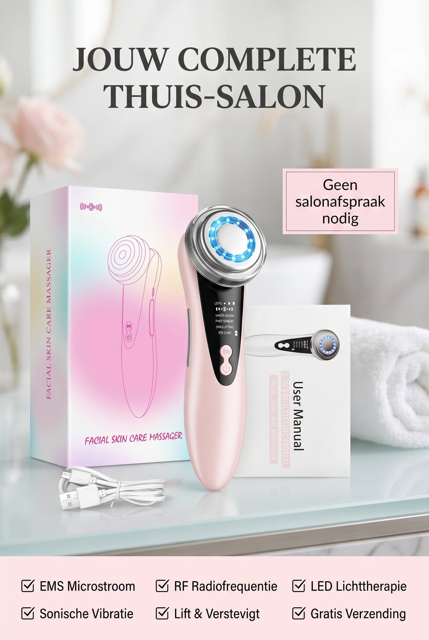 4-in-1 RF & EMS Gezichtsmassager – Radiofrequentie Lifting voor Thuis