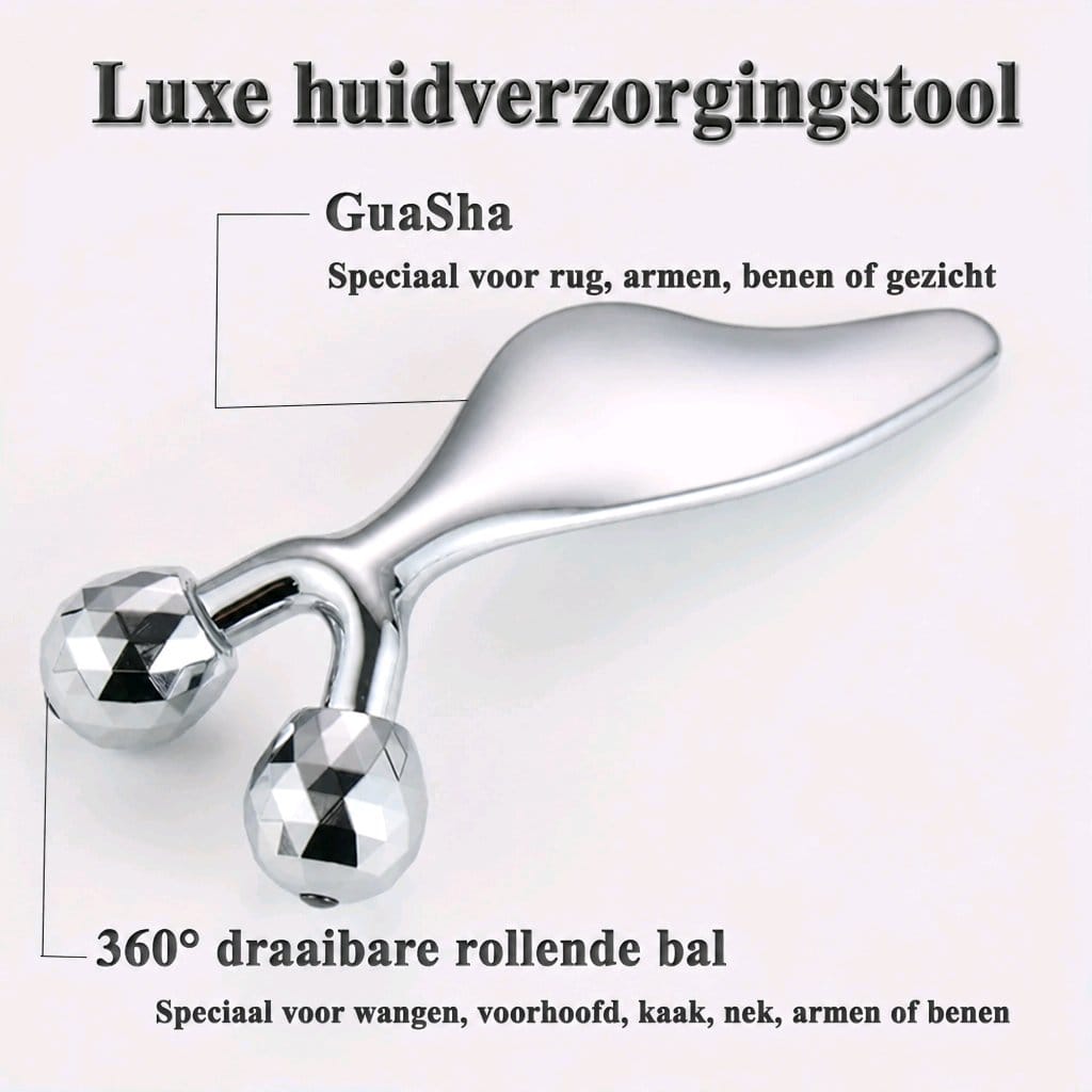 2-in-1 Gezichtsmassager & Gua Sha Roller – Roestvrijstaal – Kinlift & Huidversteviging