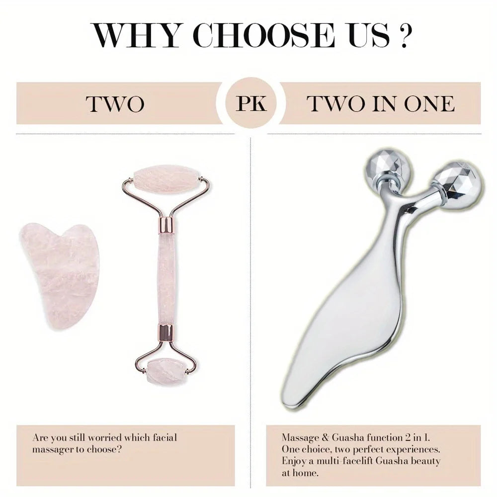 2-in-1 Gezichtsmassager & Gua Sha Roller – Roestvrijstaal – Kinlift & Huidversteviging