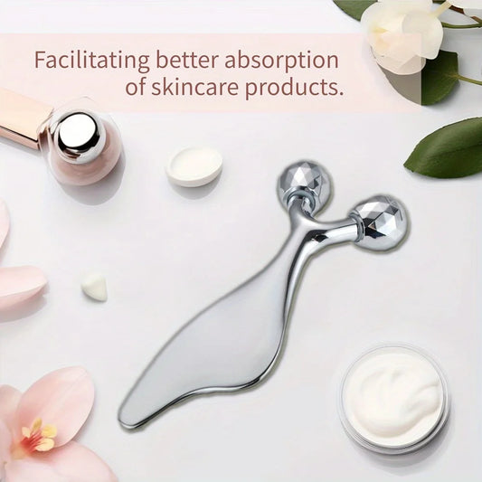 2-in-1 Gezichtsmassager & Gua Sha Roller – Roestvrijstaal – Kinlift & Huidversteviging