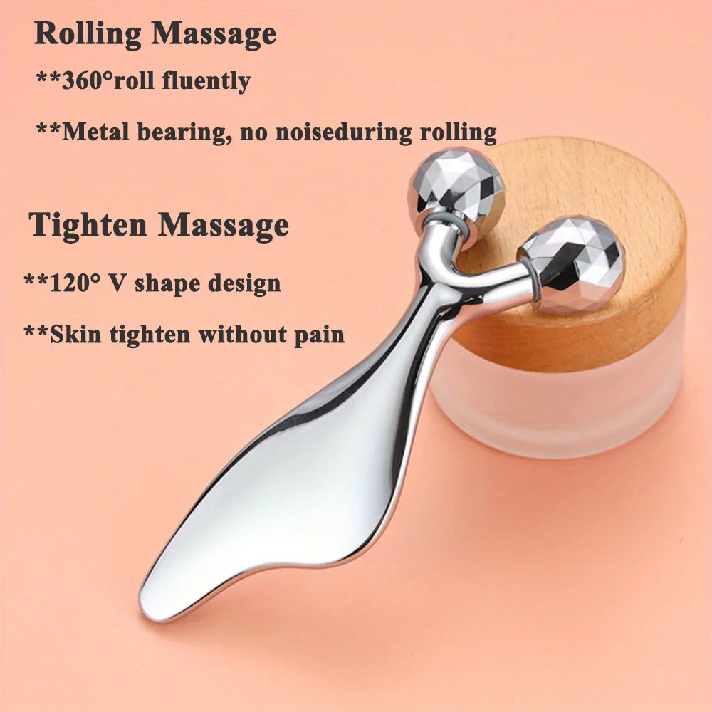 2-in-1 Gezichtsmassager & Gua Sha Roller – Roestvrijstaal – Kinlift & Huidversteviging