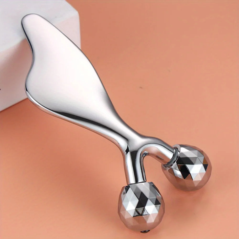 2-in-1 Gezichtsmassager & Gua Sha Roller – Roestvrijstaal – Kinlift & Huidversteviging